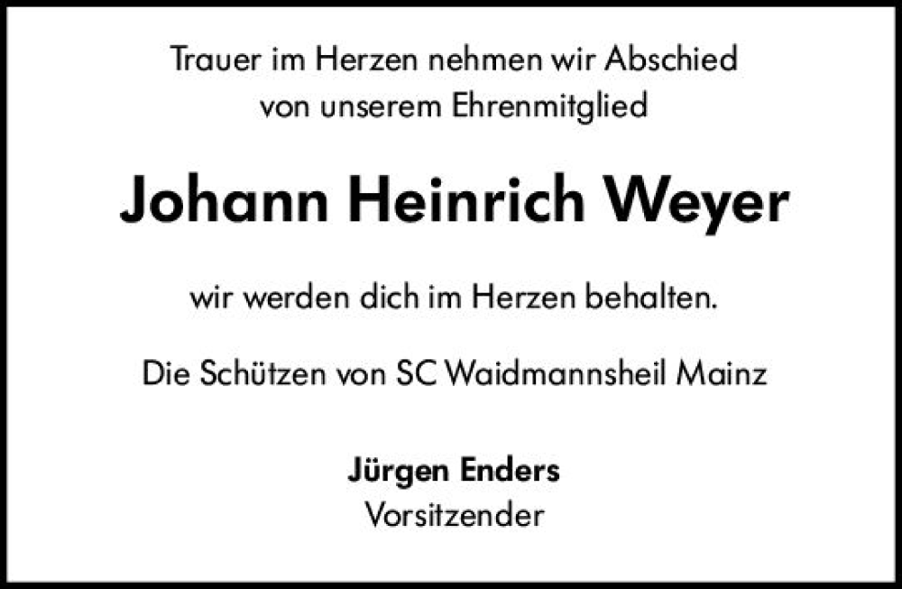  Traueranzeige für Johann Heinrich Weyer vom 30.03.2023 aus Allgemeine Zeitung Mainz