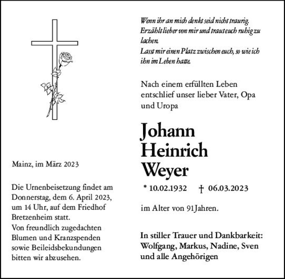  Traueranzeige für Johann Heinrich Weyer vom 18.03.2023 aus Allgemeine Zeitung Mainz