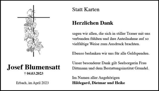 Traueranzeige von Josef Blumensatt von Rheingau Kurier