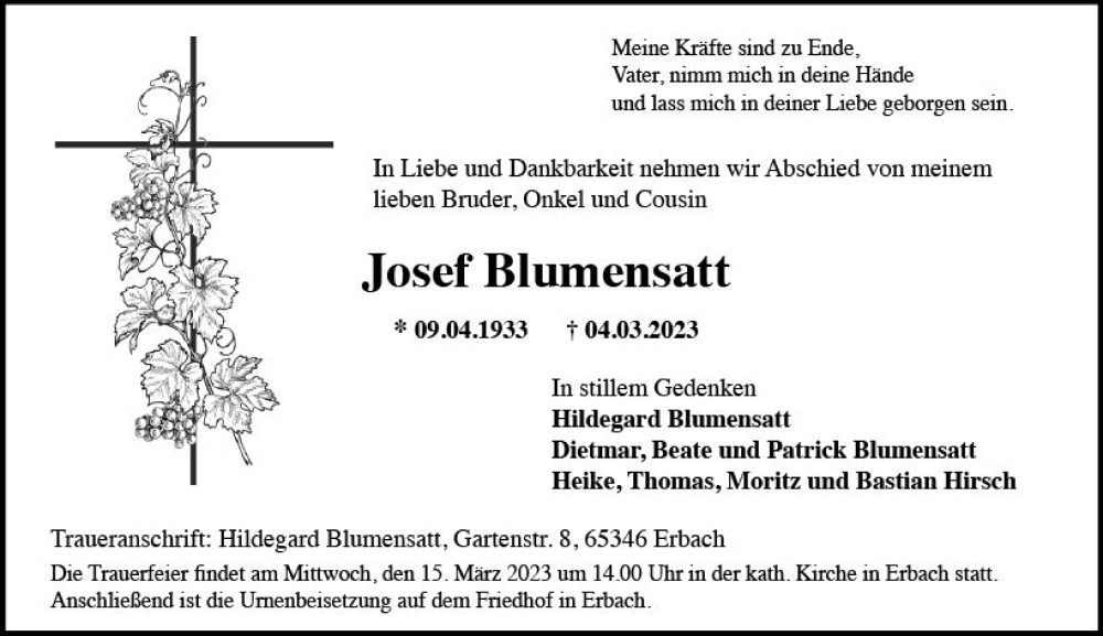  Traueranzeige für Josef Blumensatt vom 11.03.2023 aus Rheingau Kurier