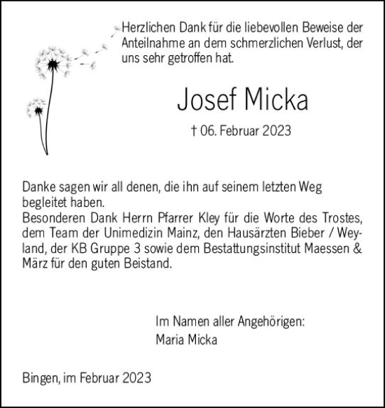 Traueranzeige von Josef Micka von Allgemeine Zeitung Bingen/Ingelheim