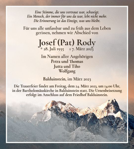 Traueranzeige von Josef Rody von Nassauische Neue Presse