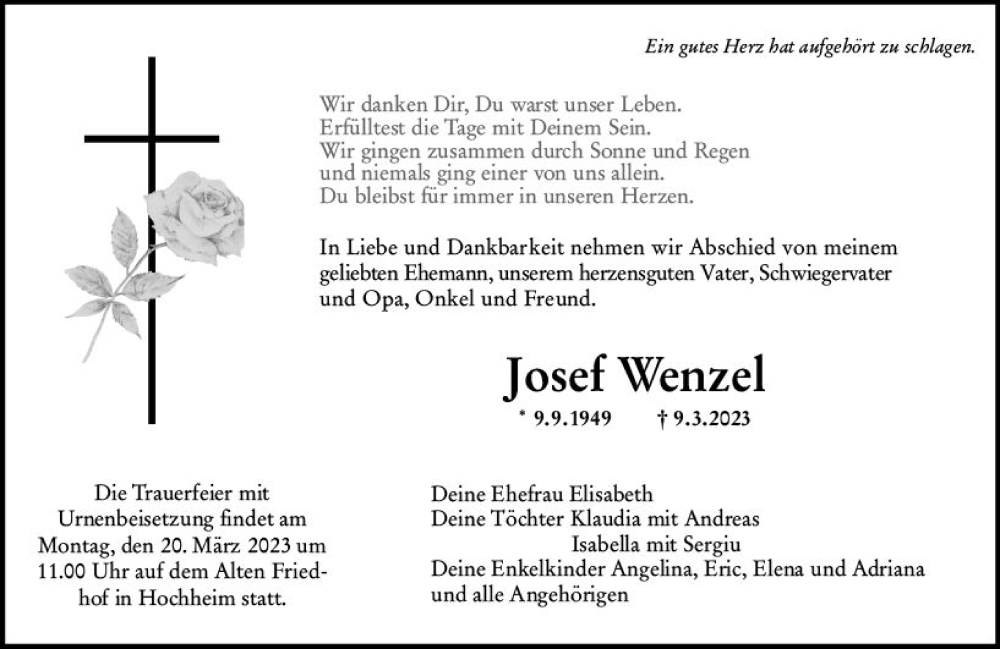  Traueranzeige für Josef Wenzel vom 17.03.2023 aus Hochheimer Zeitung