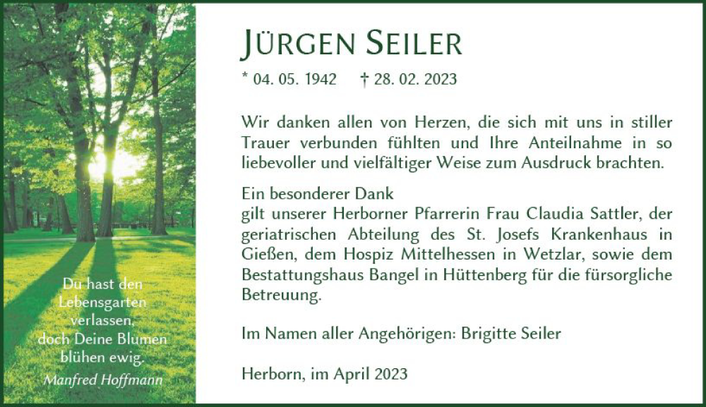  Traueranzeige für Jürgen Seiler vom 01.04.2023 aus Dill Block