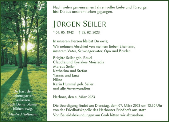 Traueranzeige von Jürgen Seiler von Dill Block