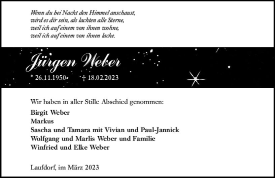 Traueranzeige von Jürgen Weber von Dill Block