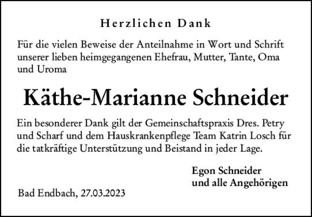  Traueranzeige für Käthe-Marianne Schneider vom 28.03.2023 aus VRM Trauer