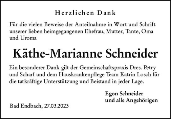 Traueranzeige von Käthe-Marianne Schneider von VRM Trauer