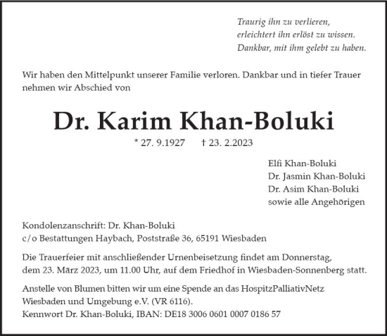 Traueranzeige von Karim Khan-Boluki von Wiesbadener Kurier