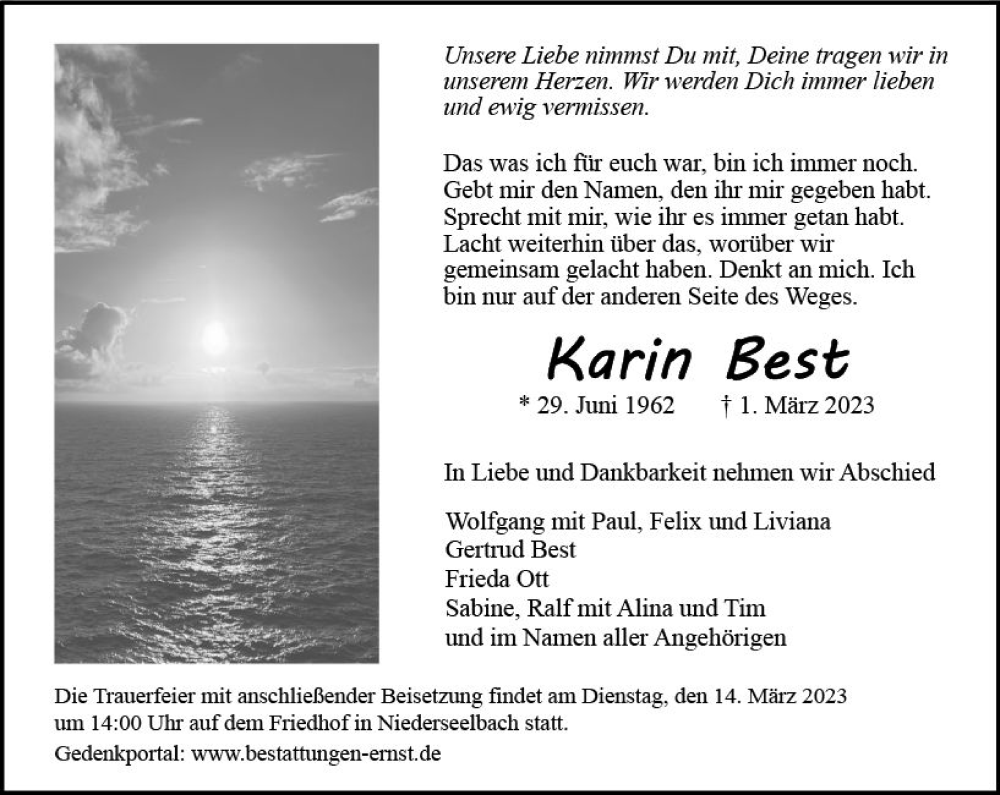  Traueranzeige für Karin Best vom 04.03.2023 aus Idsteiner Land/Untertaunus