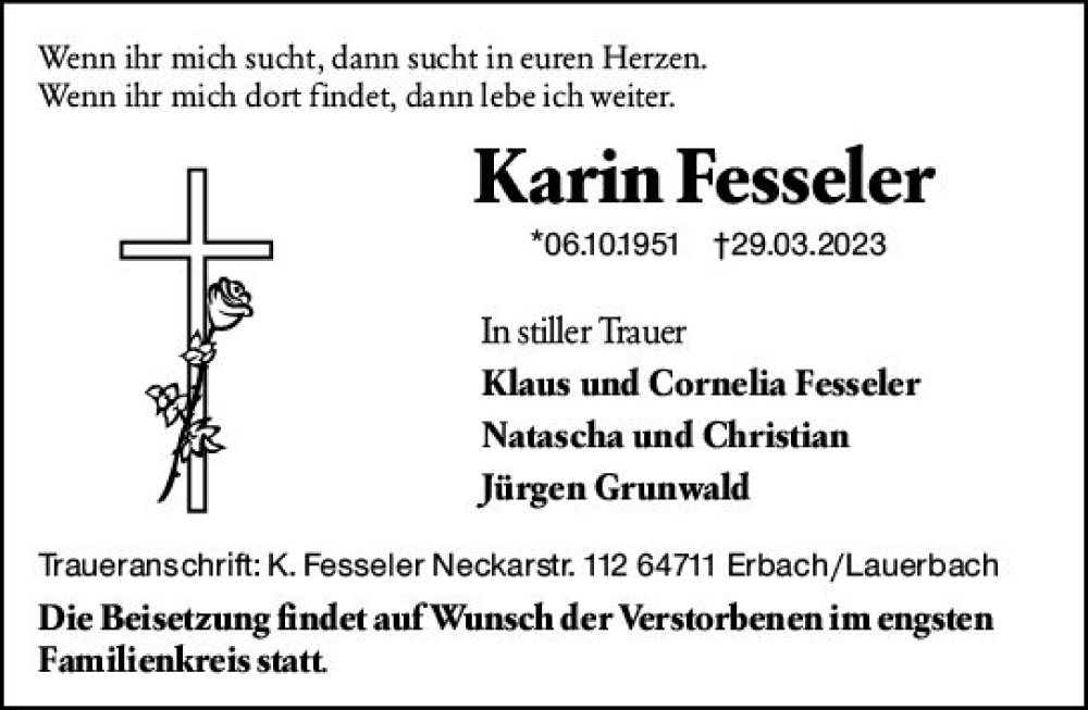  Traueranzeige für Karin Fesseler vom 01.04.2023 aus Odenwälder Echo