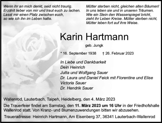 Traueranzeige von Karin Hartmann von VRM Trauer