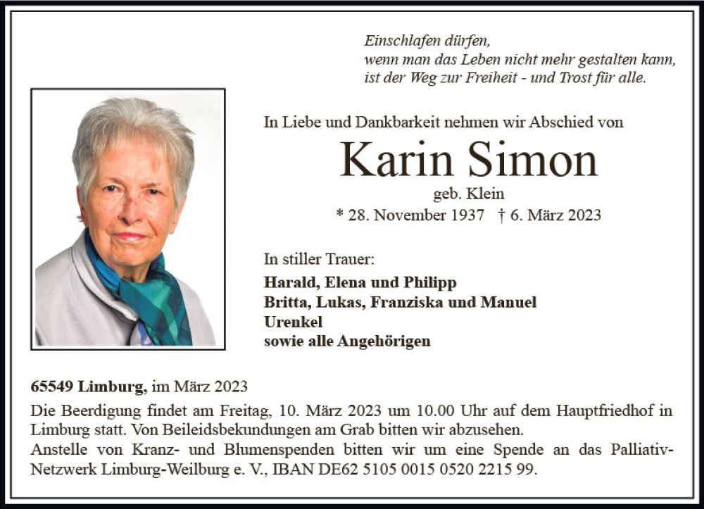 Traueranzeige für Karin Simon vom 08.03.2023 aus Nassauische Neue Presse