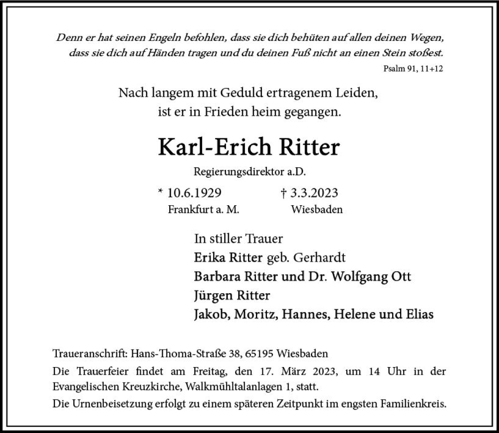  Traueranzeige für Karl-Erich Ritter vom 11.03.2023 aus Wiesbadener Kurier