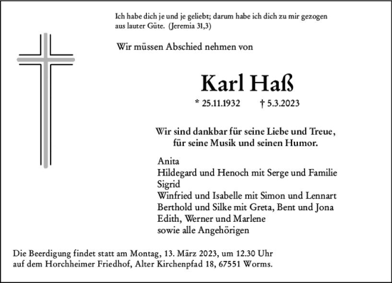 Traueranzeige von Karl Haß von Wormser Zeitung