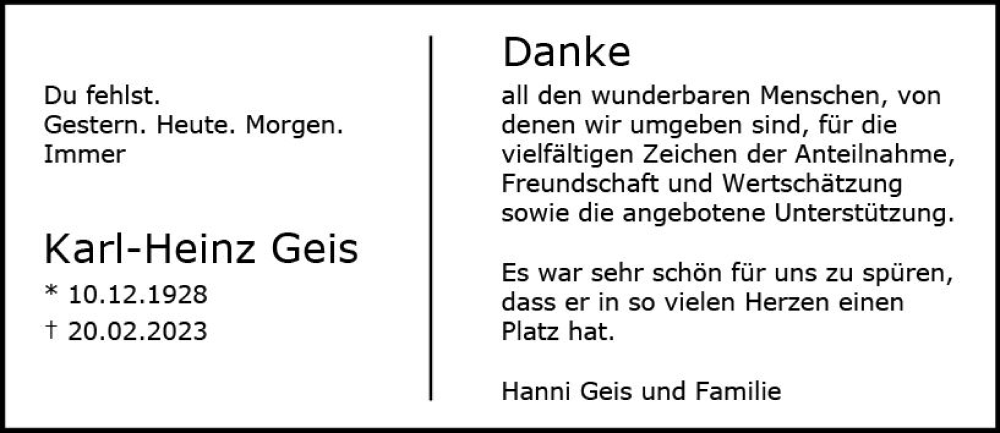  Traueranzeige für Karl-Heinz Geis vom 18.03.2023 aus Allgemeine Zeitung Mainz