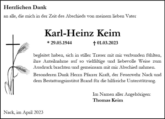 Traueranzeige von Karl-Heinz Keim von Allgemeine Zeitung Alzey