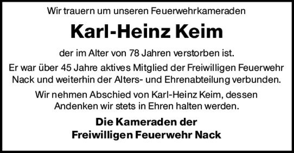  Traueranzeige für Karl-Heinz Keim vom 08.03.2023 aus Allgemeine Zeitung Alzey