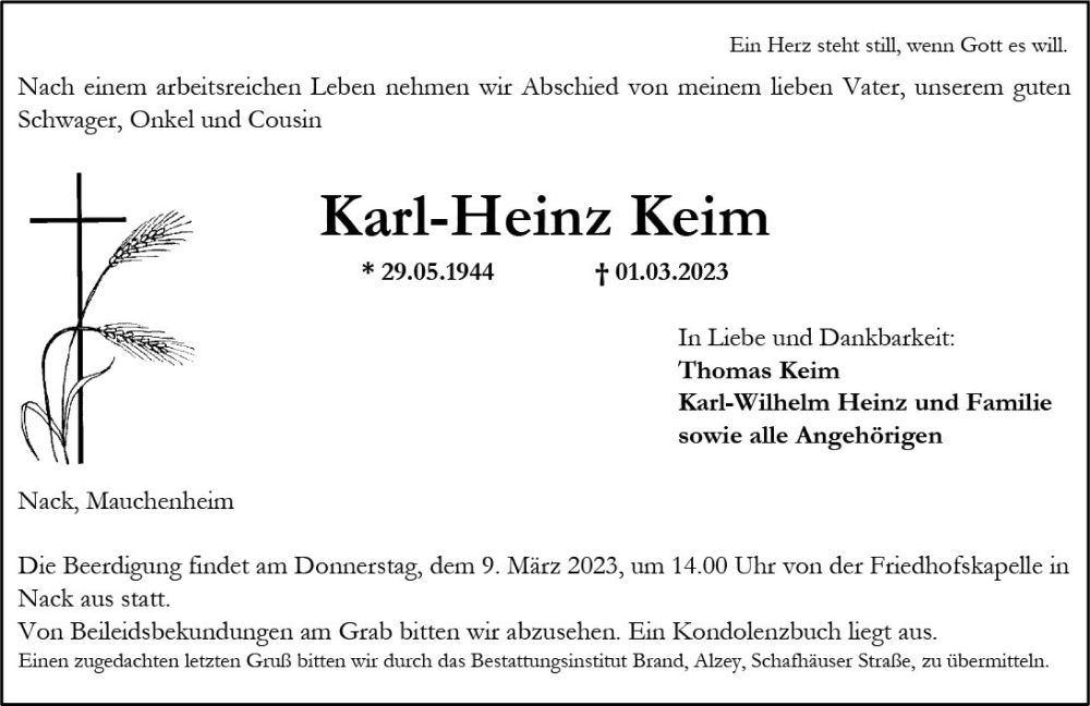  Traueranzeige für Karl-Heinz Keim vom 04.03.2023 aus Allgemeine Zeitung Alzey