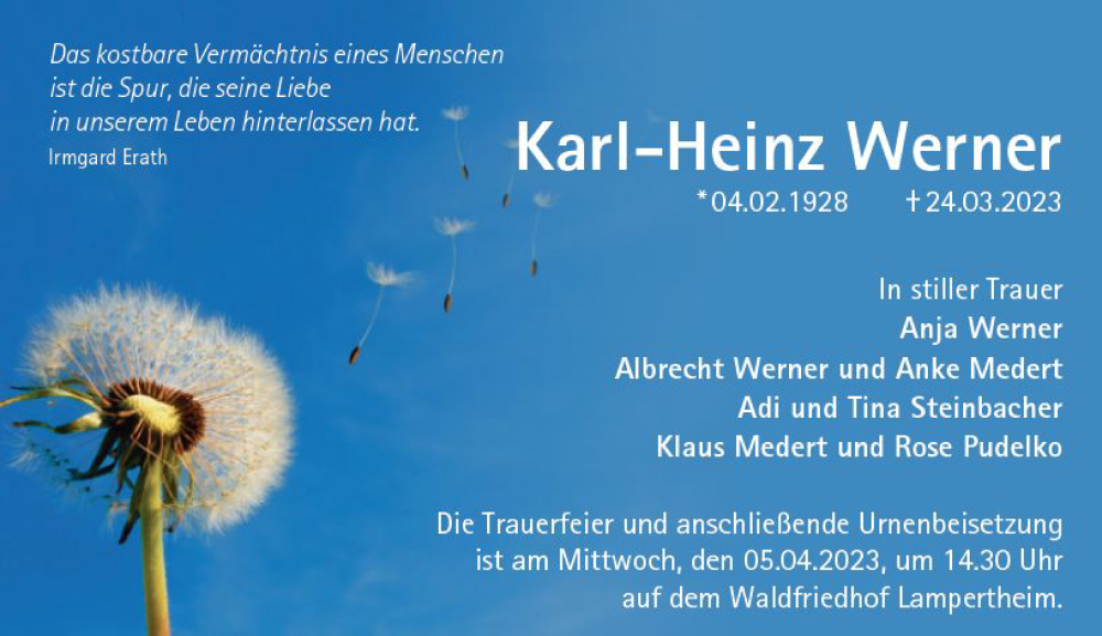  Traueranzeige für Karl-Heinz Werner vom 01.04.2023 aus Starkenburger Echo