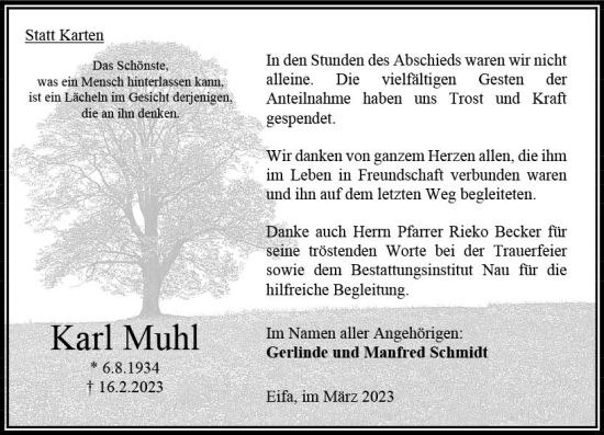 Traueranzeige von Karl Muhl von Oberhessen Kurier