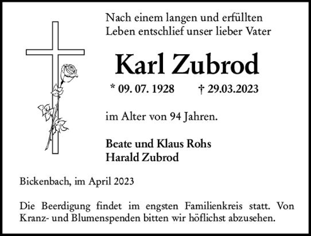  Traueranzeige für Karl Zubrod vom 01.04.2023 aus Darmstädter Echo