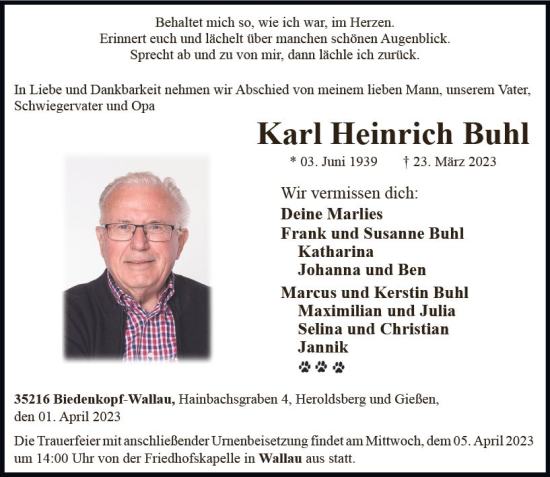 Traueranzeige von Karl Heinrich Buhl von Hinterländer Anzeiger