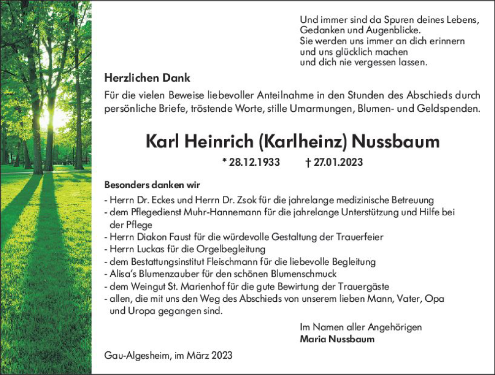  Traueranzeige für Karl Heinrich Nussbaum vom 04.03.2023 aus Allgemeine Zeitung Bingen/Ingelheim