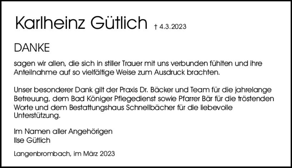  Traueranzeige für Karlheinz Gütlich vom 01.04.2023 aus Odenwälder Echo