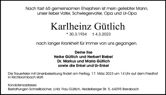 Traueranzeige von Karlheinz Gütlich von Darmstädter Echo