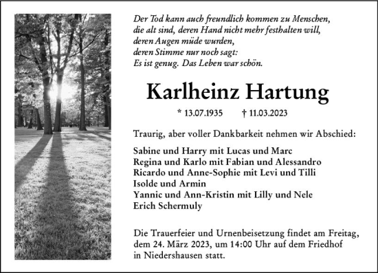 Traueranzeige von Karlheinz Hartung von Weilburger Tageblatt