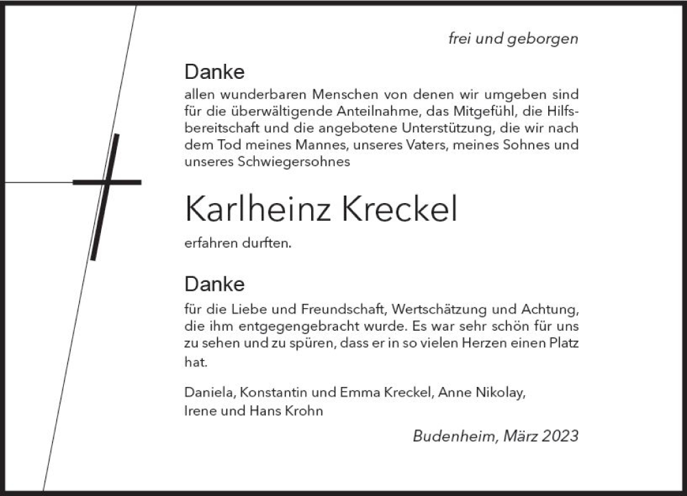 Traueranzeige für Karlheinz Kreckel vom 04.03.2023 aus Allgemeine Zeitung Mainz