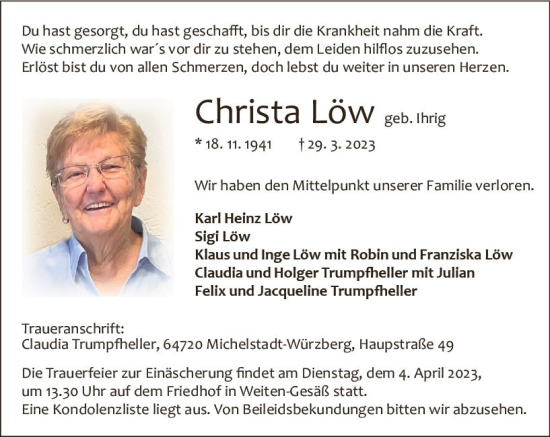 Traueranzeige von Christa Löw von Odenwälder Echo