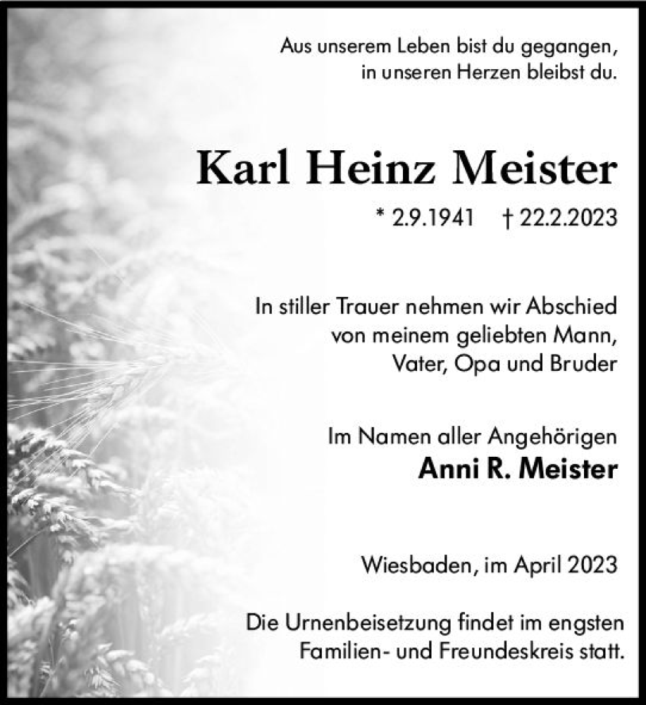  Traueranzeige für Karl Heinz Meister vom 01.04.2023 aus Wiesbadener Kurier