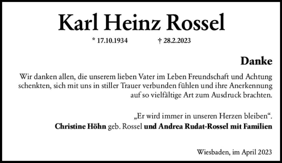 Traueranzeige von Karl Heinz Rossel von Wiesbadener Kurier