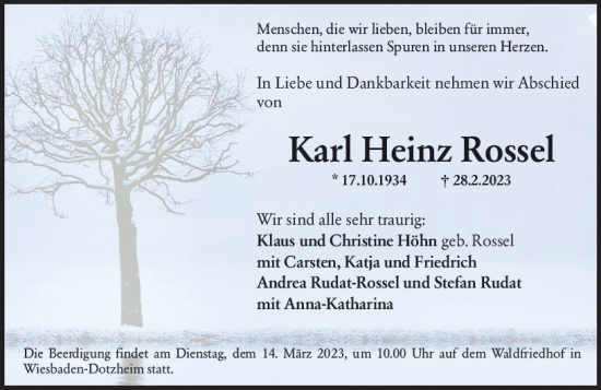 Traueranzeige von Karl Heinz Rossel von Wiesbadener Kurier