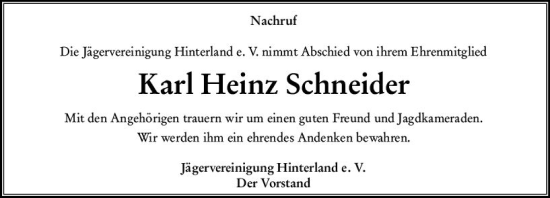 Traueranzeige von Karl Heinz Schneider von Hinterländer Anzeiger