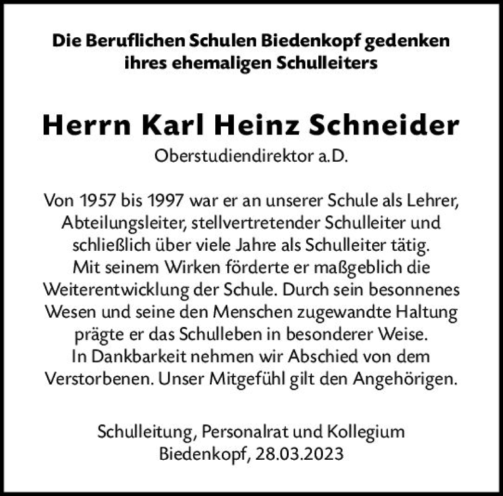  Traueranzeige für Karl Heinz Schneider vom 30.03.2023 aus Hinterländer Anzeiger
