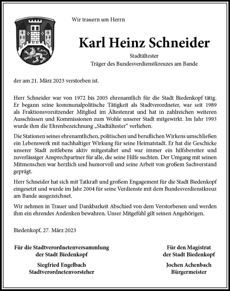  Traueranzeige für Karl Heinz Schneider vom 28.03.2023 aus Hinterländer Anzeiger