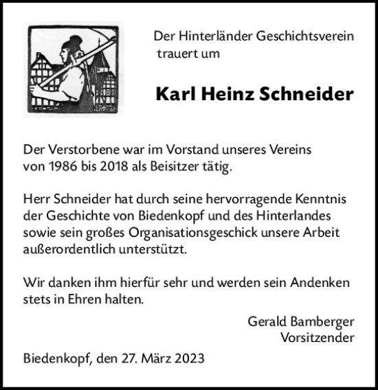 Traueranzeige von Karl Heinz Schneider von Hinterländer Anzeiger
