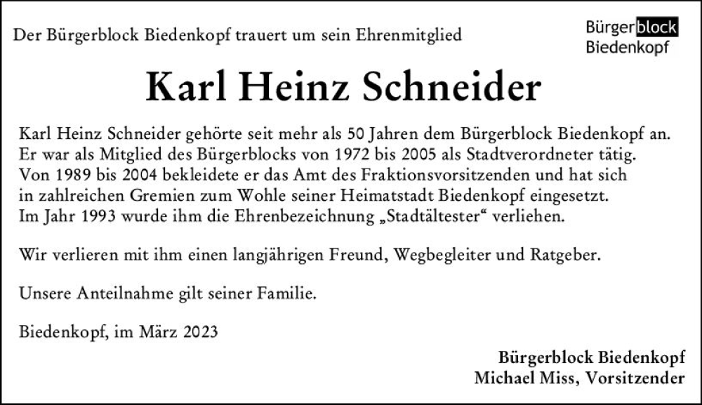  Traueranzeige für Karl Heinz Schneider vom 01.04.2023 aus Hinterländer Anzeiger