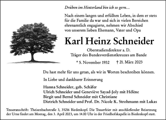 Traueranzeige von Karl Heinz Schneider von Hinterländer Anzeiger