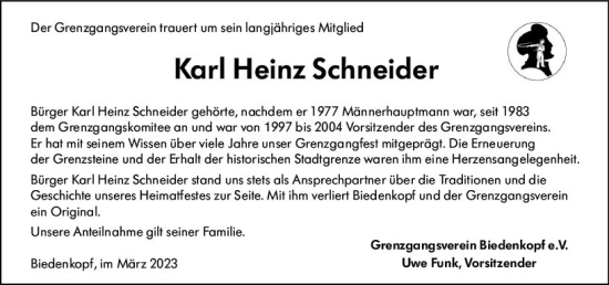 Traueranzeige von Karl Heinz Schneider von Hinterländer Anzeiger