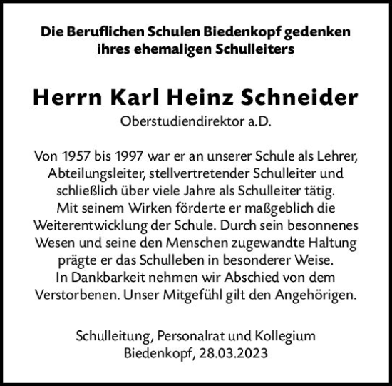 Traueranzeige von Karl Heinz Schneider von Hinterländer Anzeiger