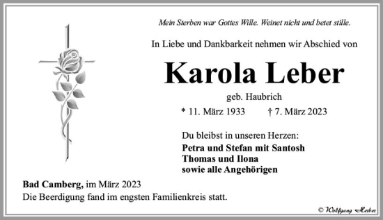 Traueranzeige von Karola Leber von Camberger Anzeiger