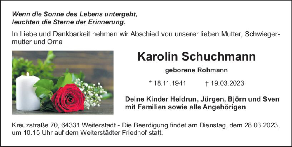  Traueranzeige für Karolin Schuchmann vom 27.03.2023 aus Darmstädter Echo