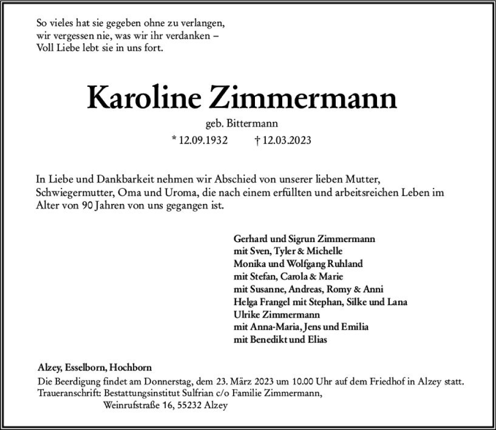 Traueranzeige für Karoline Zimmermann vom 18.03.2023 aus Allgemeine Zeitung Alzey