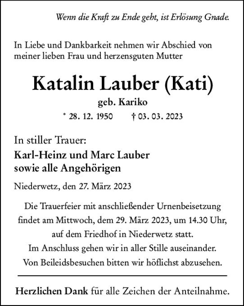  Traueranzeige für Katalin Lauber vom 27.03.2023 aus Wetzlarer Neue Zeitung