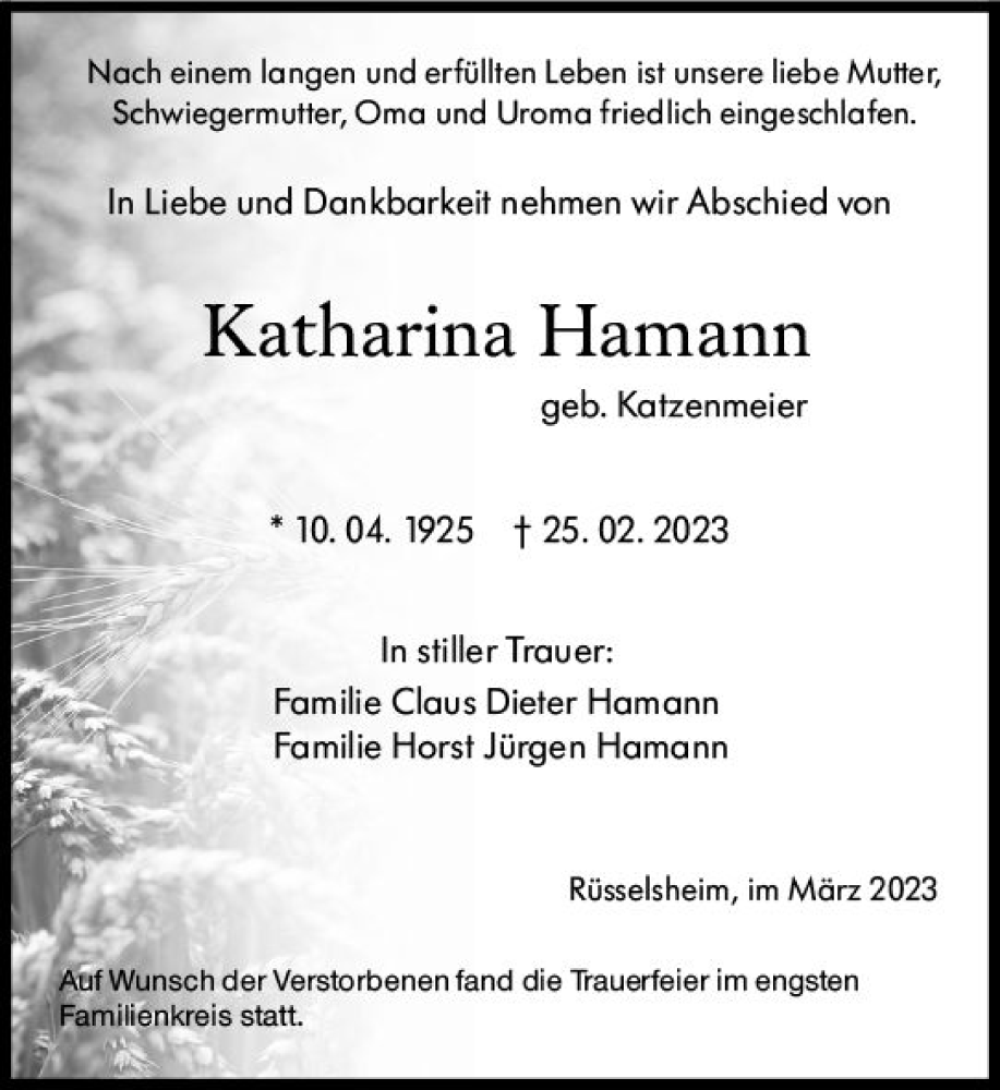  Traueranzeige für Katharina Hamann vom 18.03.2023 aus Rüsselsheimer Echo
