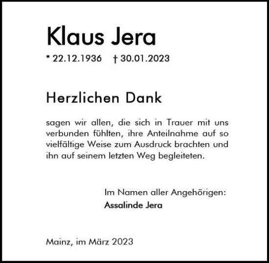 Traueranzeige von Klaus Jera von Allgemeine Zeitung Mainz